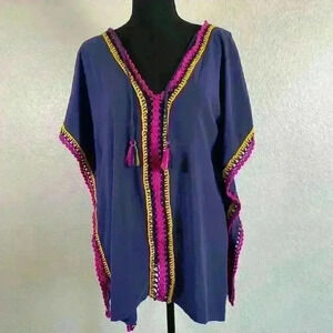 Becca scenic route bikini cover-up blue tunic crochet trim tassel women xs/s